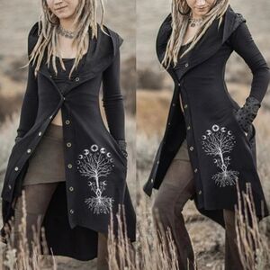 Pagan Cloak Coat Hooded Button Up Women Autumn Boho Tunic Trench Jacket